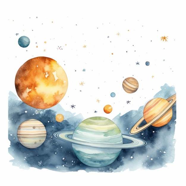 Fundo espacial em aquarela com planetas e estrelas Ilustração desenhada à mão