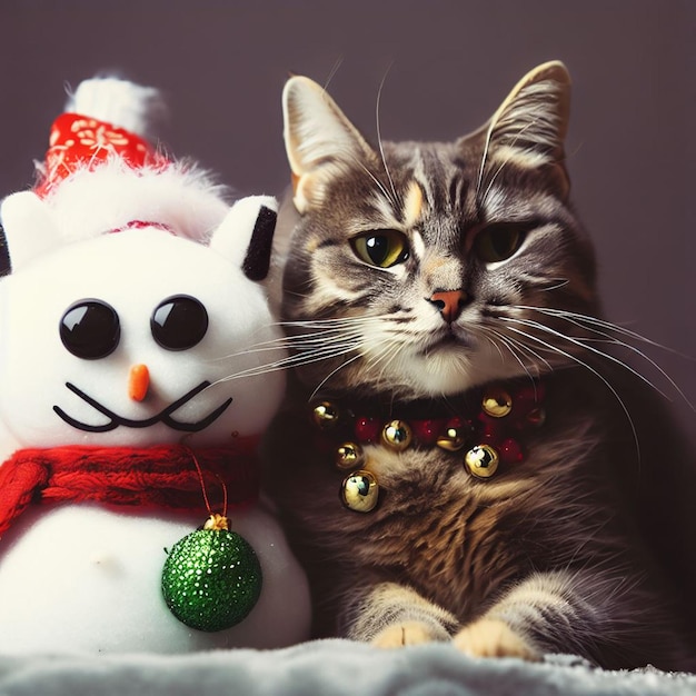 Fundo estético de gato de Natal com um boneco de neve decorativo gerado por IA