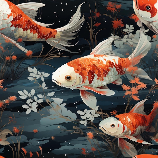 Fundo estilizado de azulejo colorido de peixes Koi em aquarela gerado por IA