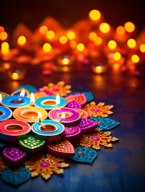 Foto fundo feliz de diwali com lindo grupo de diya