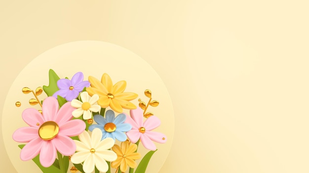 Foto fundo festivo 3d com um buquê de flores pastel e folhas para o dia das mães ou dia da mulher