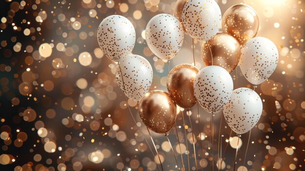 Fundo festivo com balões brancos e dourados