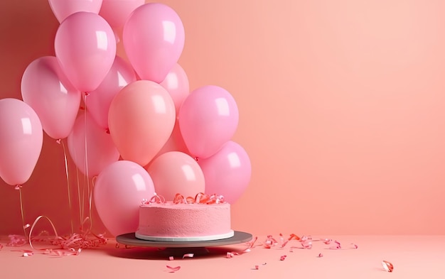 Fundo festivo com balões rosa e bolo de aniversário