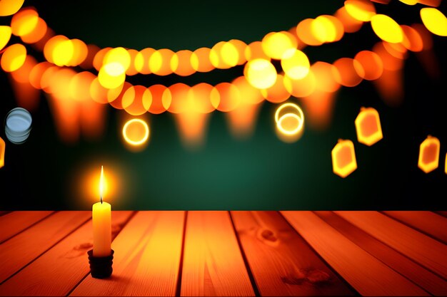 Fundo festivo com luzes desfocadas mesa de madeira vazia em primeiro plano com bokeh de luz de vela brilhante em fundo escuro e desfocado AI Ilustração generativa