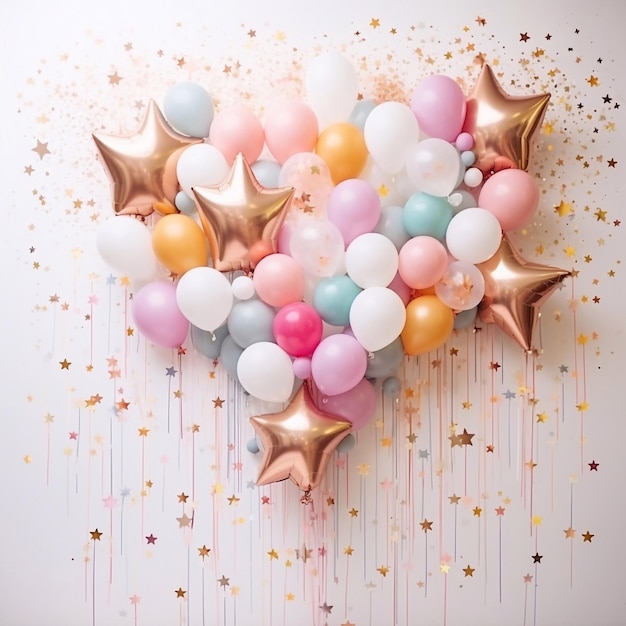 Fundo festivo de balões confetes e bokeh para fundo de fotos de meninas com balões