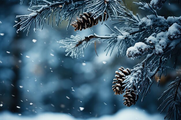 fundo festivo de Natal azul com galhos de árvores de Natal e pinhas na neve para o ano novo