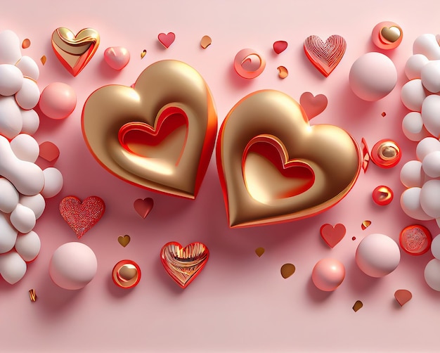 Fundo festivo do dia dos namorados com corações vermelhos e dourados no fundo Illustration Generative AI