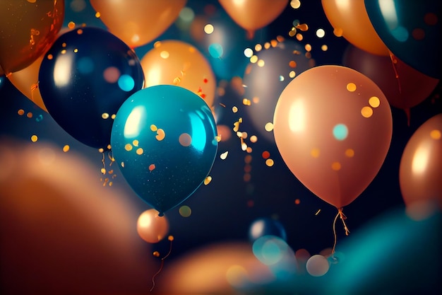 Fundo festivo realista com balões dourados e azuis caindo fundo desfocado de confete e luzes bokeh Generative ai