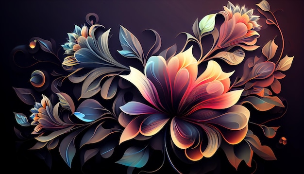 Fundo floral abstrato com flores e folhas de fantasia em estilo retro AI gerativa