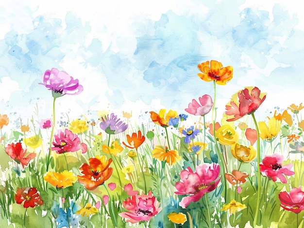 fundo floral aquarela com flores de primavera coloridas ilustração pintada digital