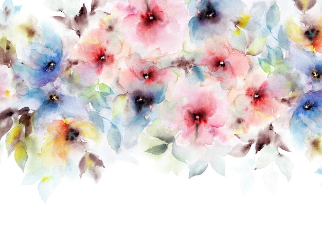 Foto fundo floral aquarela flores coloridas cartão postal de aniversário moldura floral banner floral