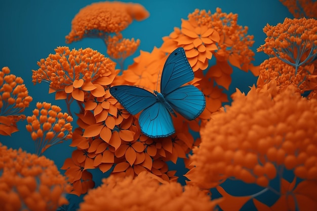 Foto fundo floral brilhante com borboleta azul na cor laranja flores generativas ai