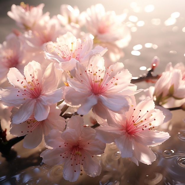 Fundo floral com flores de cerejeira rosa e água calma conceito de tranquilidade e beleza