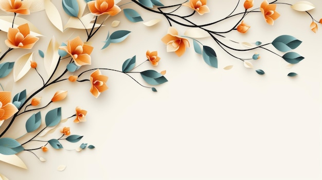 fundo floral com flores e folhas de laranja sobre um fundo bege