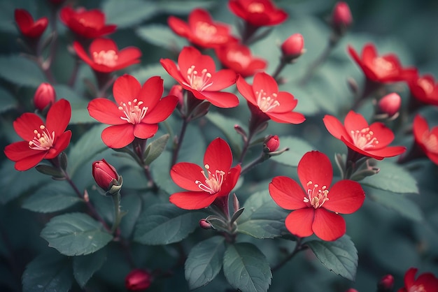 Fundo floral com pequena flor vermelha em flor Tonação de cor aplicada