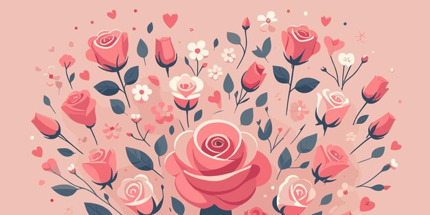 Fundo floral com rosas e corações cor-de-rosa Cartão de Namoro papel de parede floral Ilustração vetorial