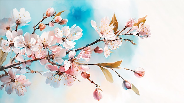 Fundo floral de primavera de flor de cerejeira na primavera ilustração aquarela gerada AI