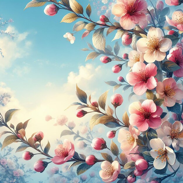 Fundo floral de primavera e céu azul