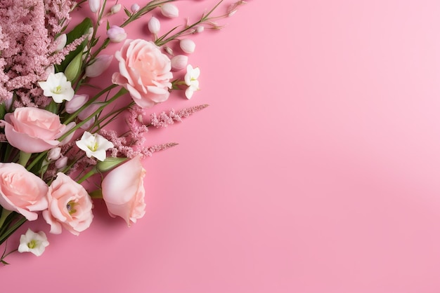 Fundo floral delicado com ranúnculo rosa e lírio do vale criado com IA generativa para