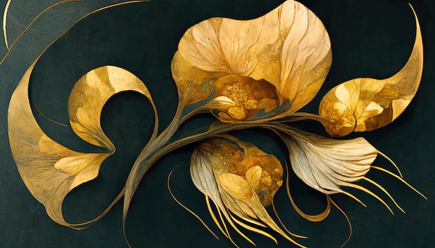 Fundo floral elegante em estilo Art Nouveau Ilustração 3D de design de flores decorativas retrô
