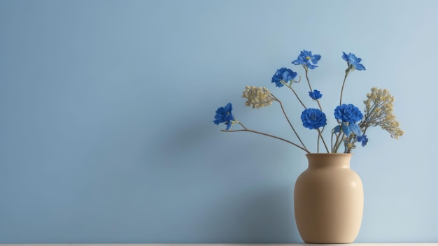 Fundo floral fotográfico com flores azuis em um vaso sobre uma mesa