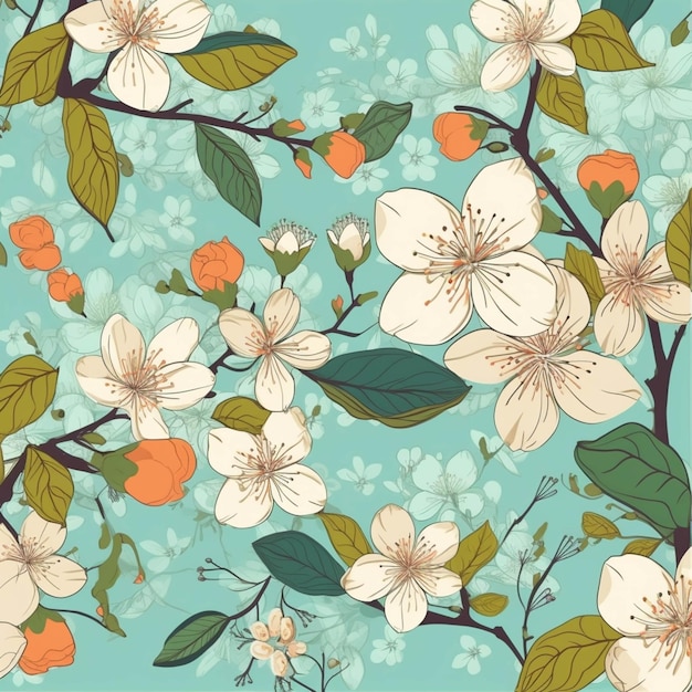 Fundo floral sem costura com flores brancas e laranja em um fundo azul generativo ai