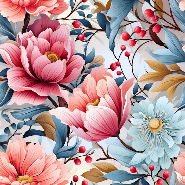 fundo floral sem costura com flores cor-de-rosa e azuis e folhas generativas ai.