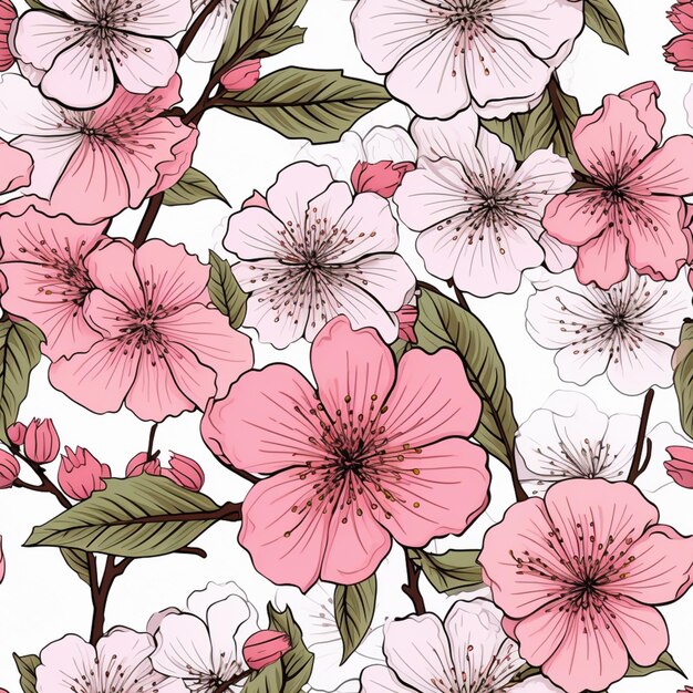 fundo floral sem costura com flores cor-de-rosa e brancas generativo ai