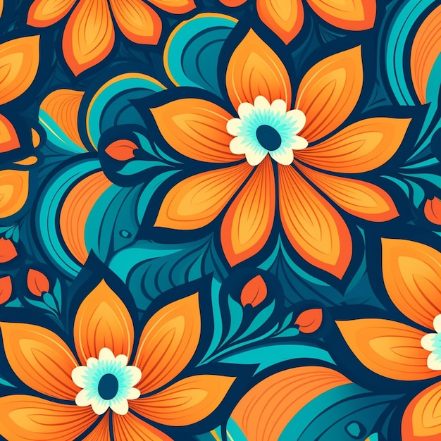 Fundo floral sem costura com flores laranja e folhas azuis generativas ai