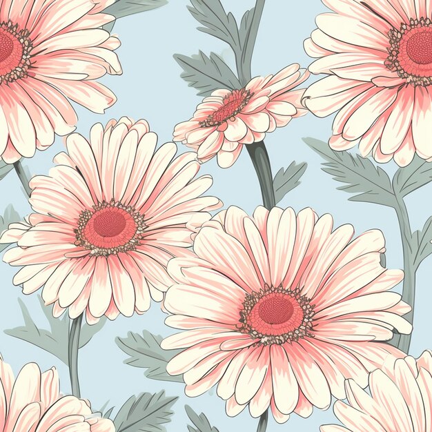 fundo floral sem costura com margaridas rosa em um fundo azul generativo ai