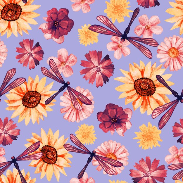 Fundo floral sem costura Padrão com lindas flores em aquarela girassol e libélulas Ilustração botânica desenhada à mão Textura para embalagem têxtil de tecido impresso