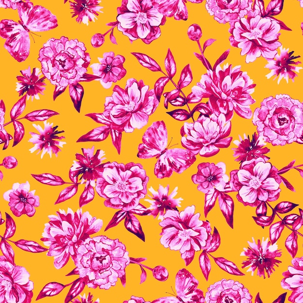 Foto fundo floral sem costura padrão com lindas flores em aquarela ilustração botânica desenhada à mão textura para embalagem têxtil de tecido impresso