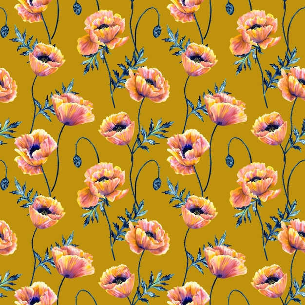 Fundo floral sem costura Padrão com lindas flores em aquarela Ilustração botânica desenhada à mão Textura para papel de parede têxtil de tecido impresso