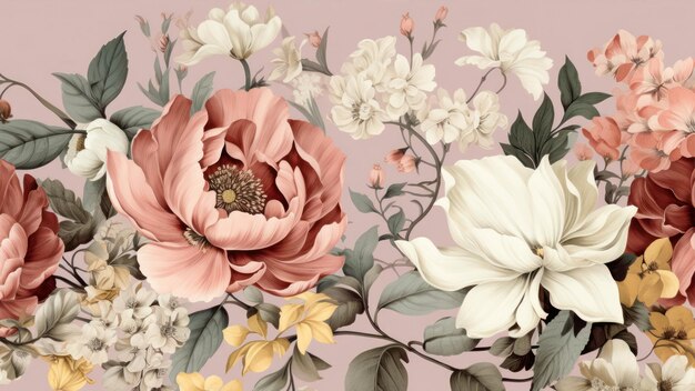 Fundo floral vintage com flores em cores pastel Ilustração desenhada à mão