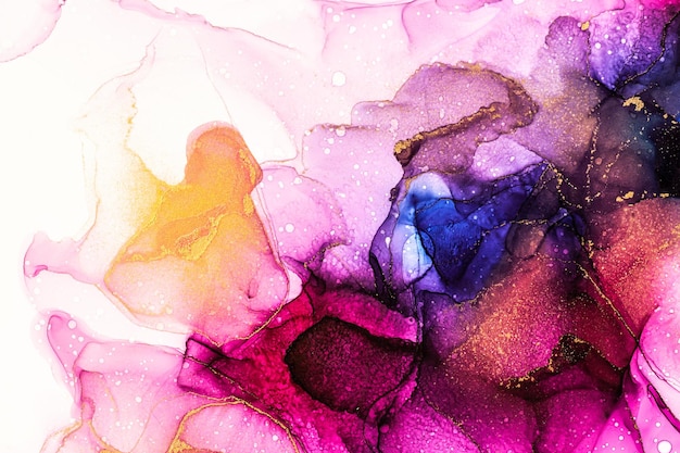 Fundo fluido de cor brilhante brilhante abstrato, pintura de álcool desenhada à mão com listras douradas, textura de técnica de tinta líquida para design de pano de fundo de alta resolução