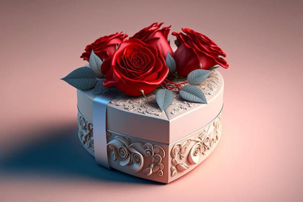 Fundo fotorrealista do dia dos namorados com caixa de presente em forma de coração e rosas Generative AI