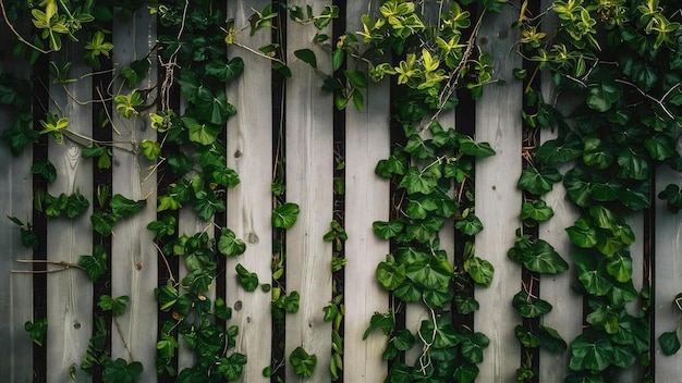 Fundo frio de uma cerca de madeira de tábua com plantas verdes