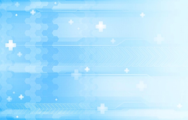 Fundo futurista azul e branco com símbolos de medicina