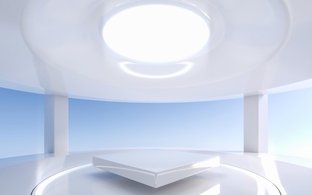 Fundo futurista branco e palco vazio ou pódio. futuro conceito de interior moderno. plataforma para projeto. renderização em 3d