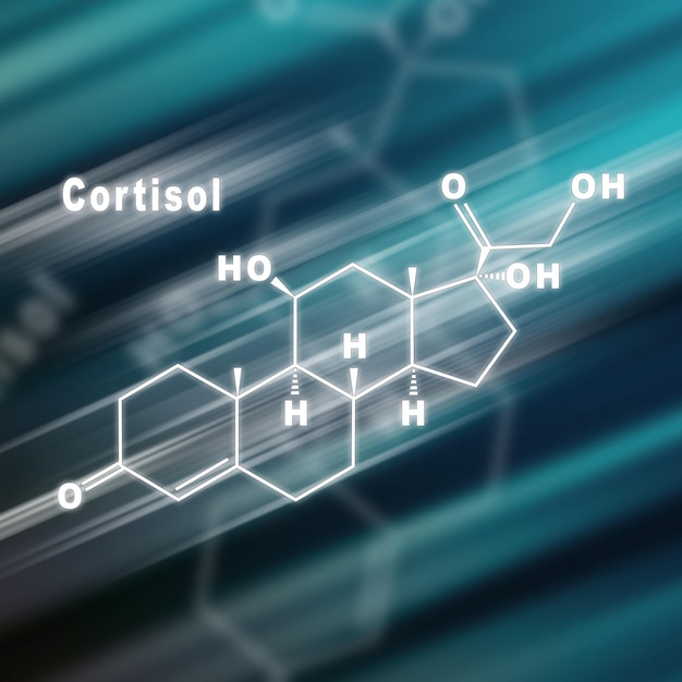 Fundo futurista da fórmula química estrutural do hormônio cortisol