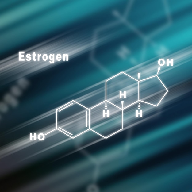 Fundo futurista da fórmula química estrutural do hormônio estrogênio