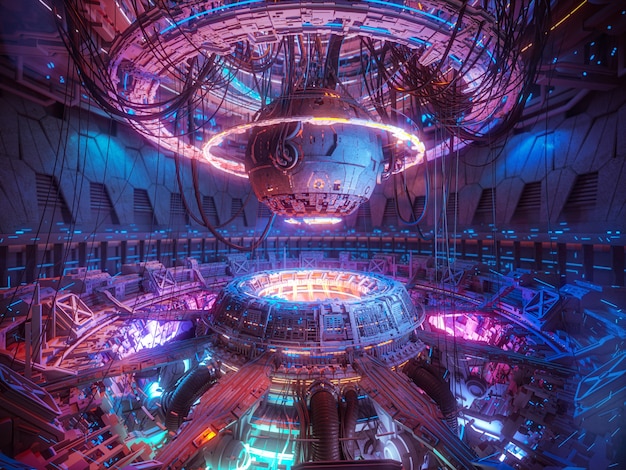 Fundo futurista de tecnologia, nave espacial de ficção científica interior