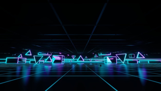 Foto fundo geométrico com pódio de estrutura poligonal mostra produtos luzes de néon coloridas retro sci fi
