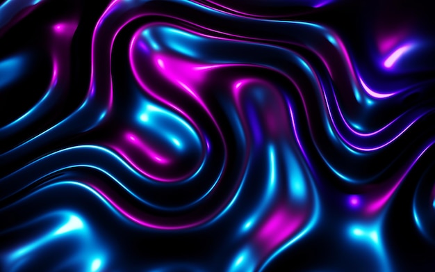 Fundo geométrico de néon abstrato líquido gradiente ondulado ou dobras tecido de seda textura brilhante fluxo de fluido azul roxo papéis de parede de padrão escuro na moda superfície de ilustração 3d para banner ou design de pôster