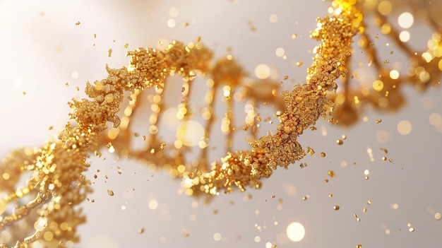 Fundo geométrico dourado e redemoinhos de moléculas de DNA ilustração de conceito de renderização 3D médica