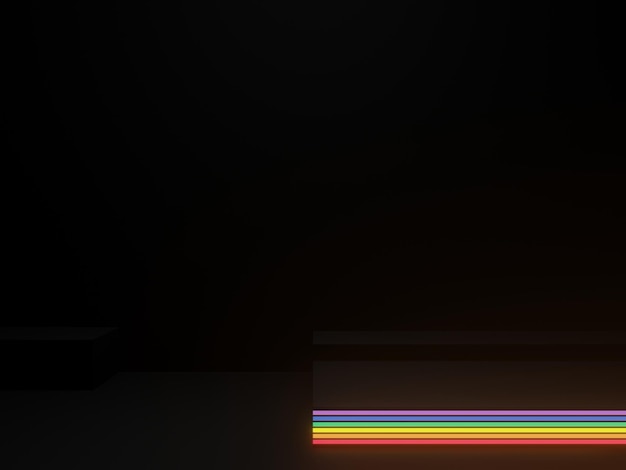 Fundo geométrico preto renderizado em 3D com luzes de neon de arco-íris LGBTQ