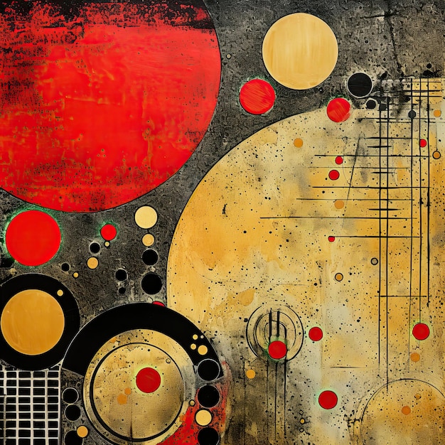 fundo grunge vermelho e dourado com elementos geométricos e círculos