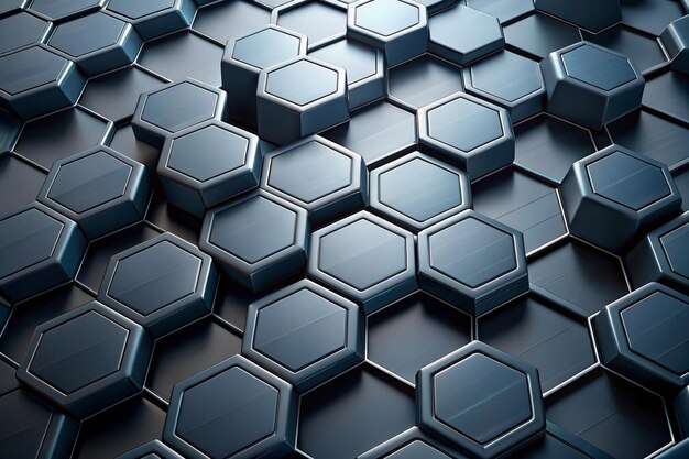 Fundo hexagonal metálico abstrato em 3D com efeitos de luz brilhante preto e azul