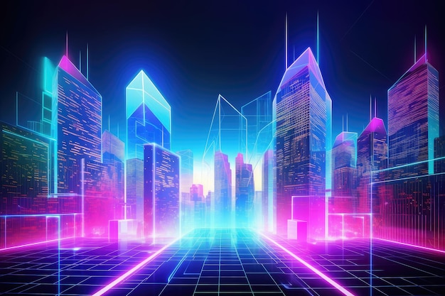 Fundo holográfico digital com vista para a paisagem urbana futurista