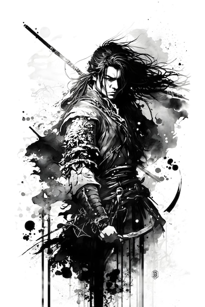fundo ilustrado de samurai realista, ilustração de samurai em preto e branco